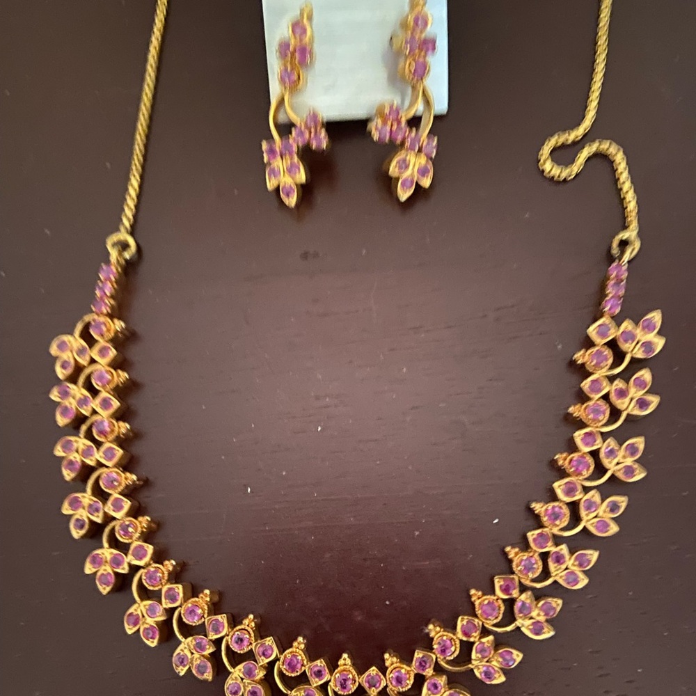 GP Gold and CZ Pink Floral Necklace and Earring Set